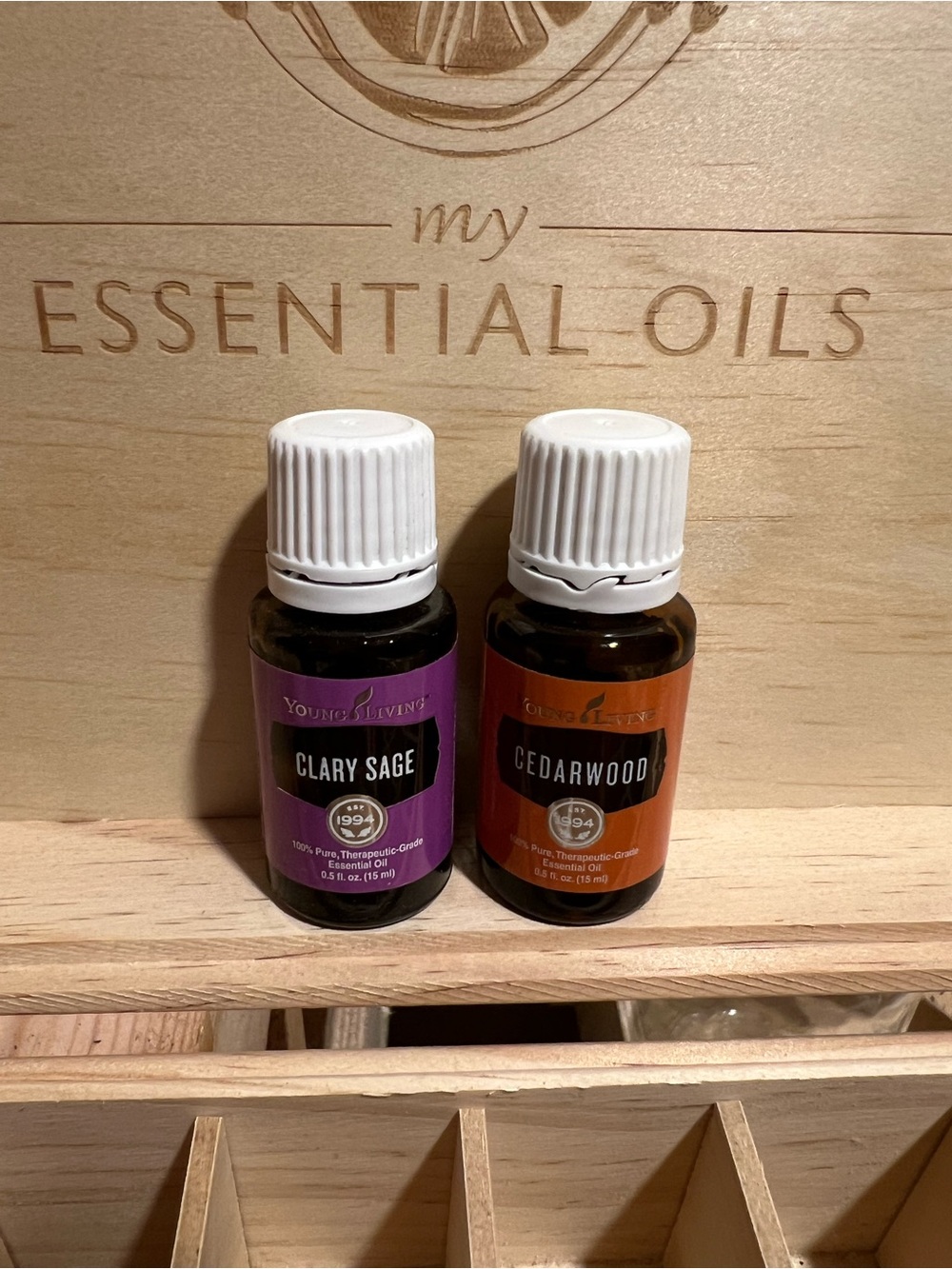 Young Living Clary Sage & Cedarwood Oils - Purple and Orange Labels